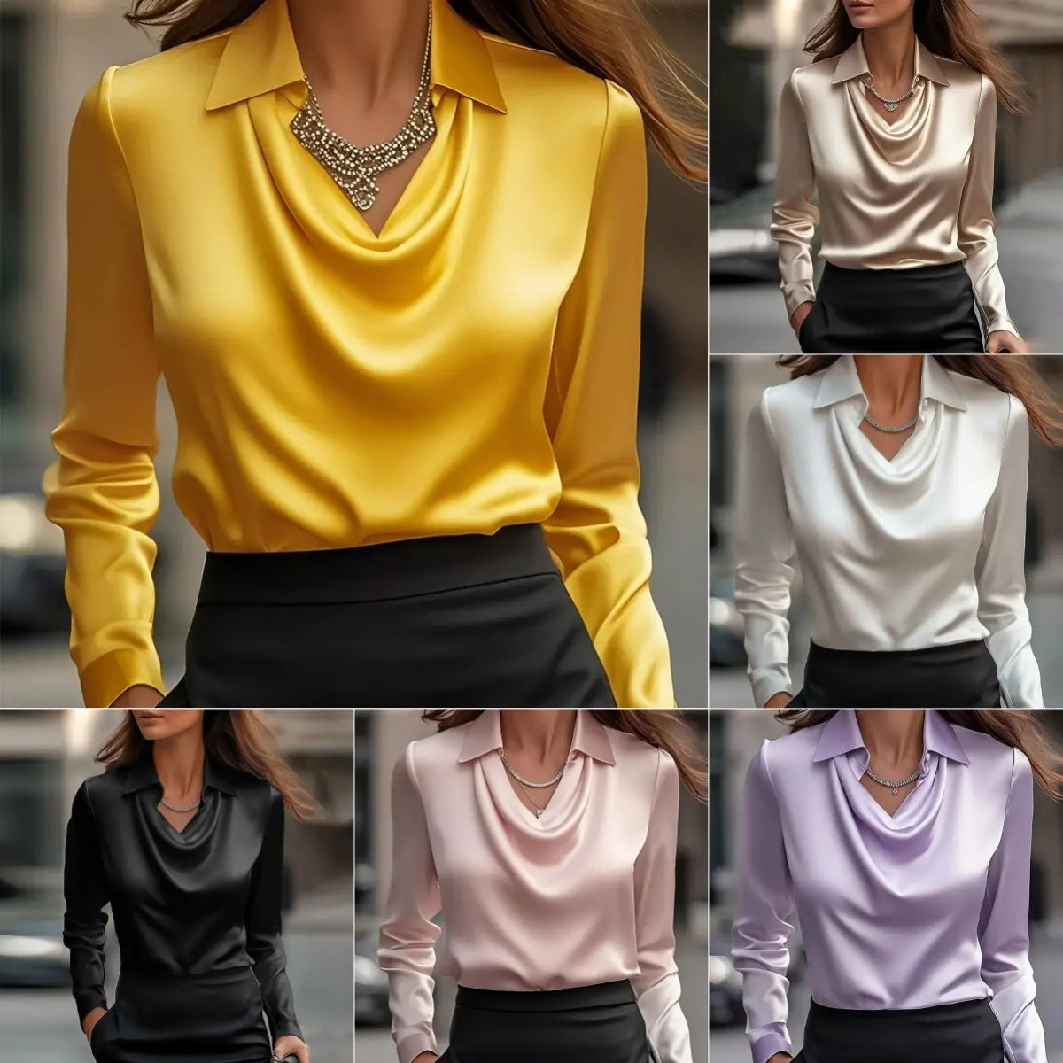 Chemisier satiné élégant pour femme avec col drapé, manches longues et finition satinée, disponible en plusieurs couleurs et motifs, idéal pour bureau ou sortie chic.