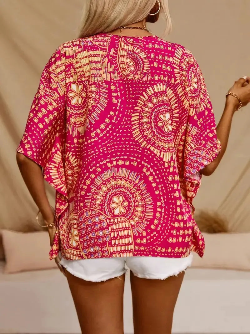 Haut ample femme imprimé mandala, look estival élégant, disponible S à 2XL.