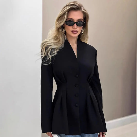 Blouse blazer femme noir vue de face coupe ajustée ventre plat — SecretBombe