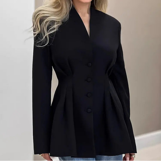 Blouse blazer femme noir vue de face coupe ajustée ventre plat — SecretBombe