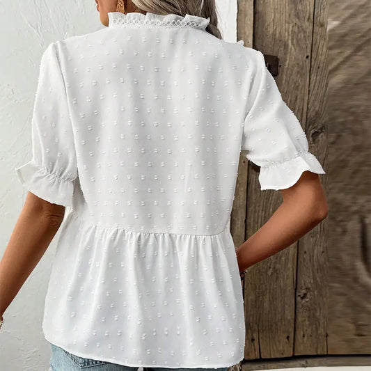 Blouse blanche femme, fluide et ample, manches volantées, décolleté en V chic, style raffiné S-XL