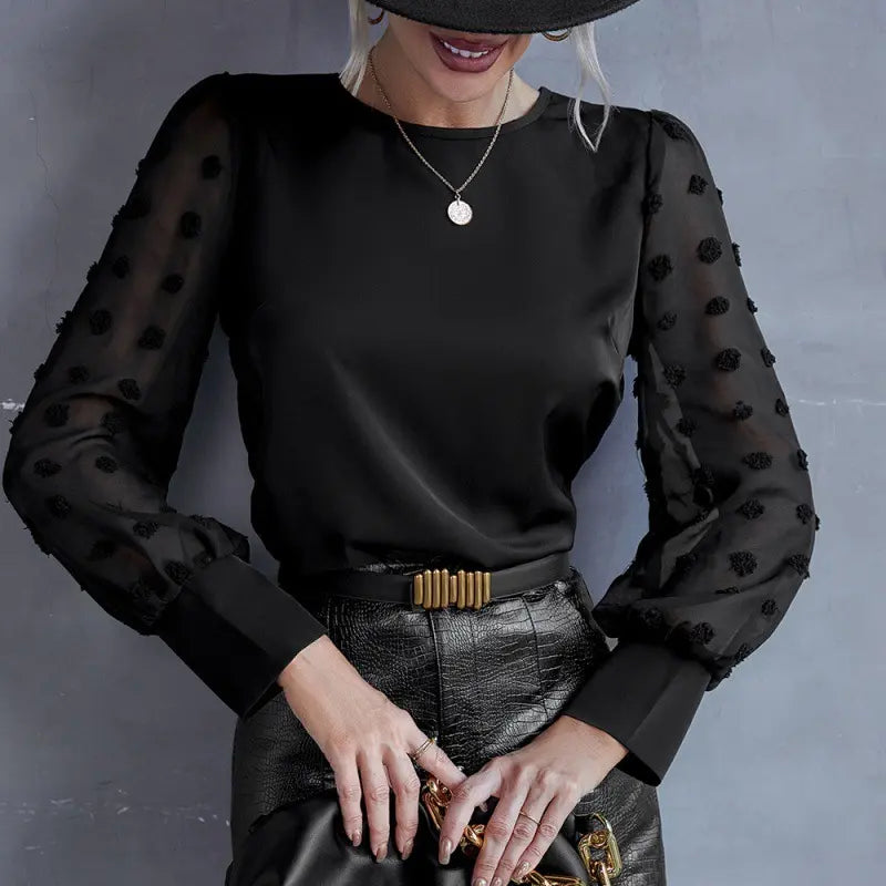 Blouse femme noire chic à manches transparentes plumetis – SecretBombe