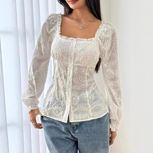 Haut femme blanc broderie florale ajourée élégant – SecretBombe