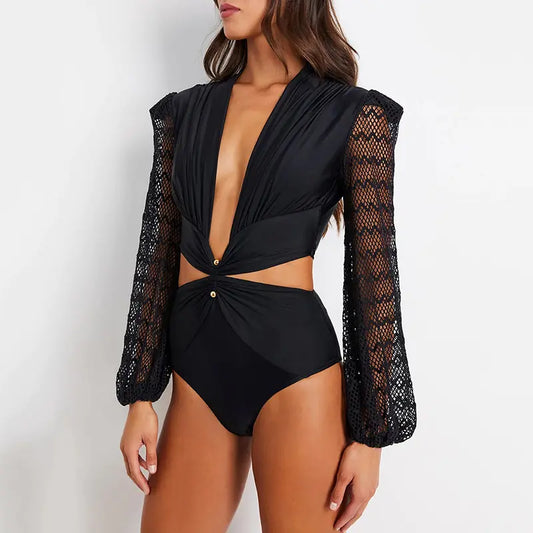 Le Body Femme Noir Décolleté Profond & Manches Dentelle Audace chic | Style européen