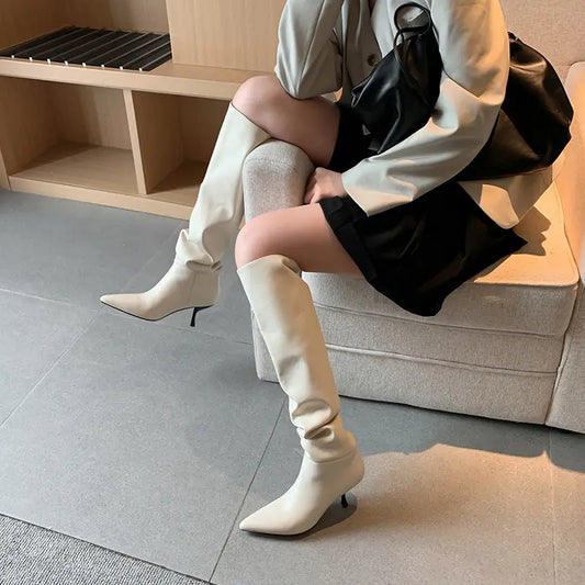 Bottes cavalières femme cuir vegan blanc élégantes bout pointu