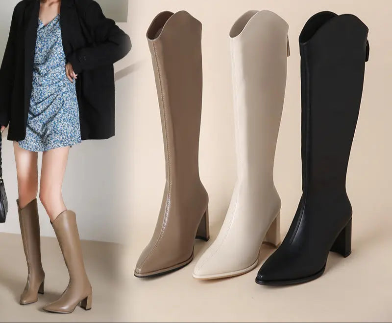 Bottes hautes femme en cuir végan noir, à talon carré et bout pointu