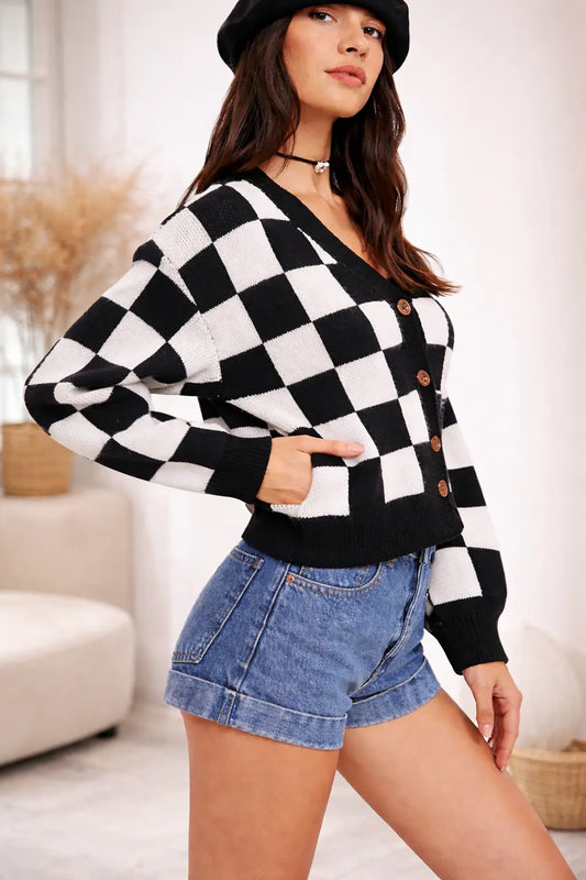 Cardigan plaid femme manches longues vue de profil – secretbombe