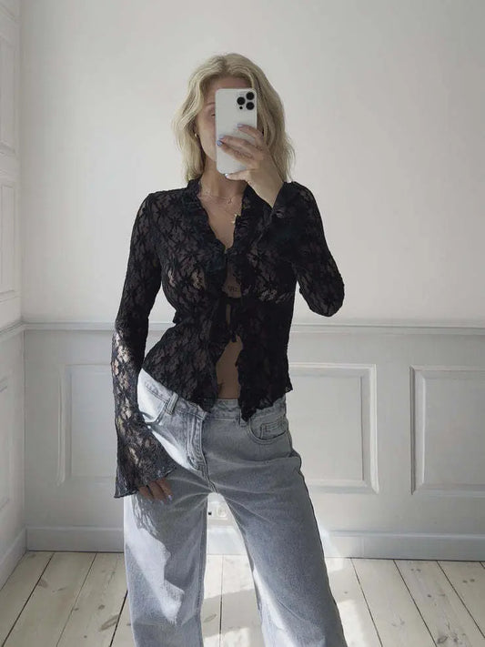 : Gilet femme dentelle à nouer manches longues – secretbombe