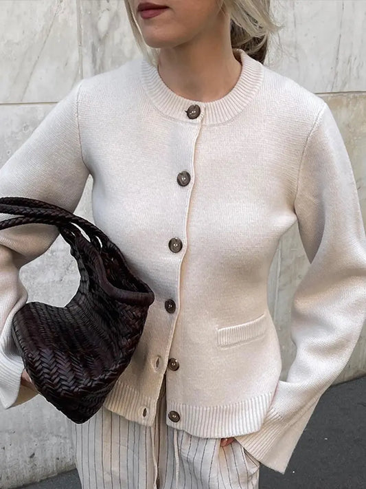 Gilet femme col rond taupe coupe droite élégante – secretbombe