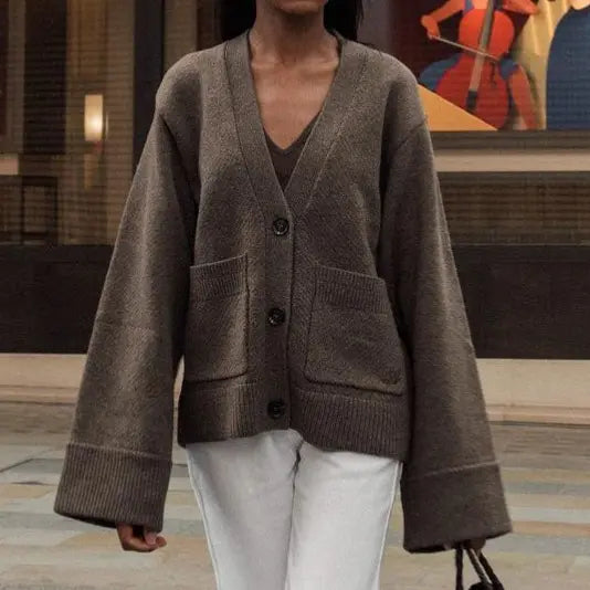 Cardigan pour femme à manches longues, couleur taupe et blanc, motif uni,