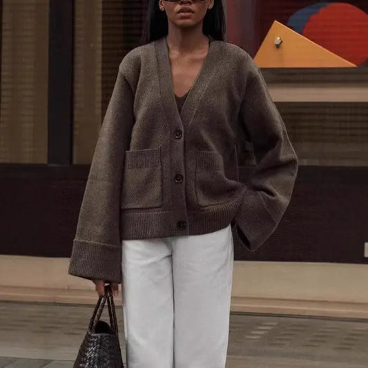 Cardigan pour femme à manches longues, couleur taupe et blanc, motif uni,