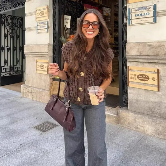 Cardigan sans manches femme marron tendance – secretbombe