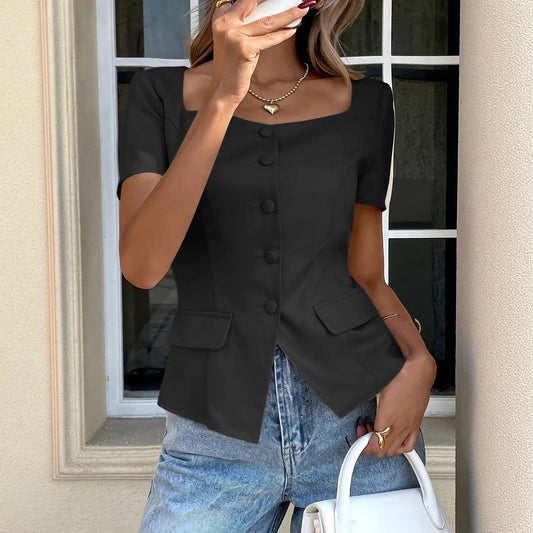 Chemise femme noire vue de face coupe slim casual chic — SecretBombe
