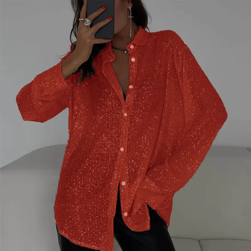 Chemise élégante femme en sequins rouge scintillants, coupe slim fit soirée