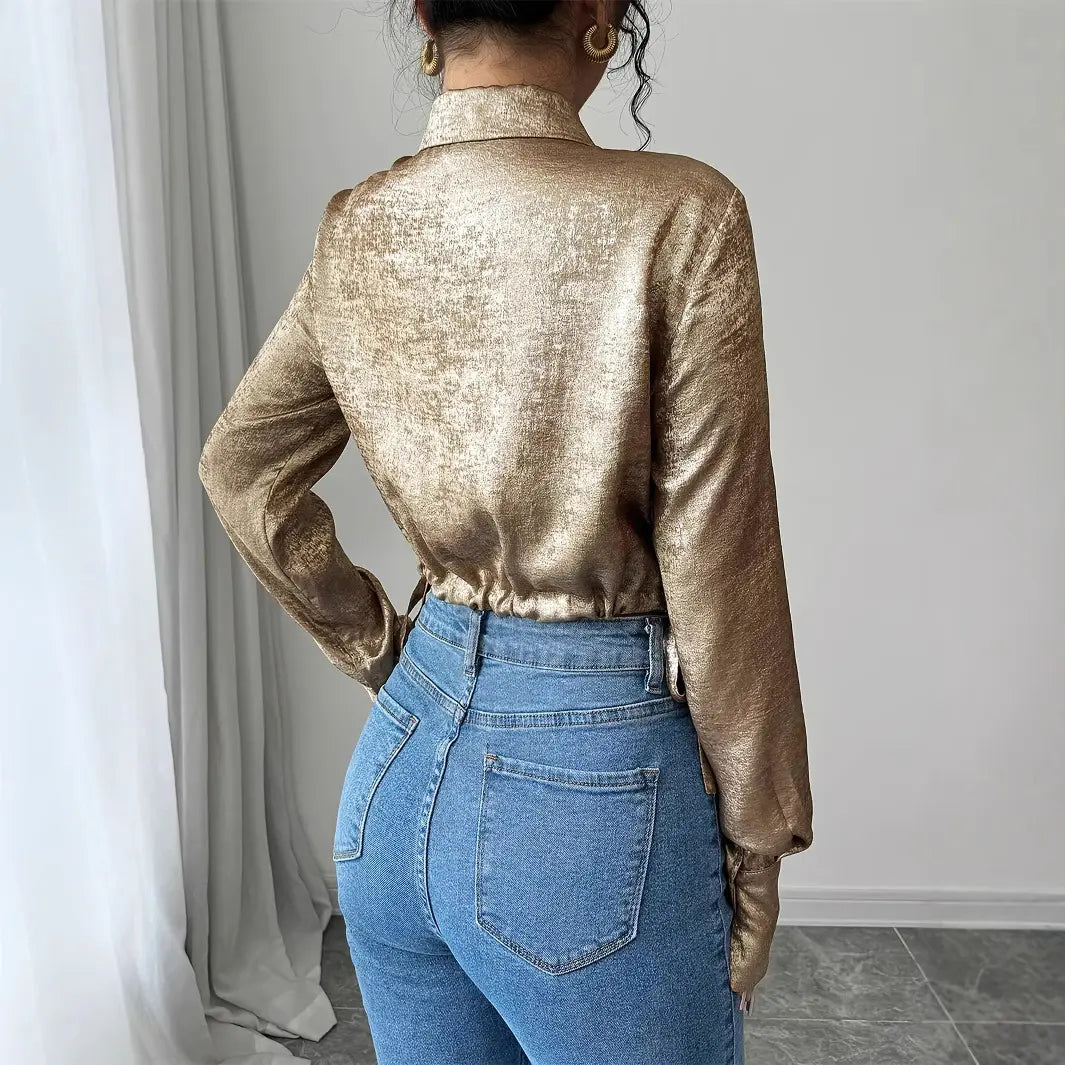 Haut satin doré élégant, style habillé pour femme, grandes tailles L à 5XL.