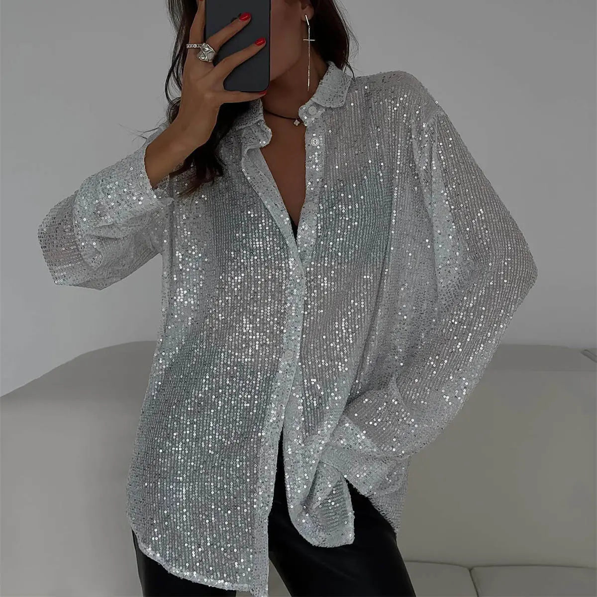 Chemise femme à sequins brillants, manches longues et col à revers