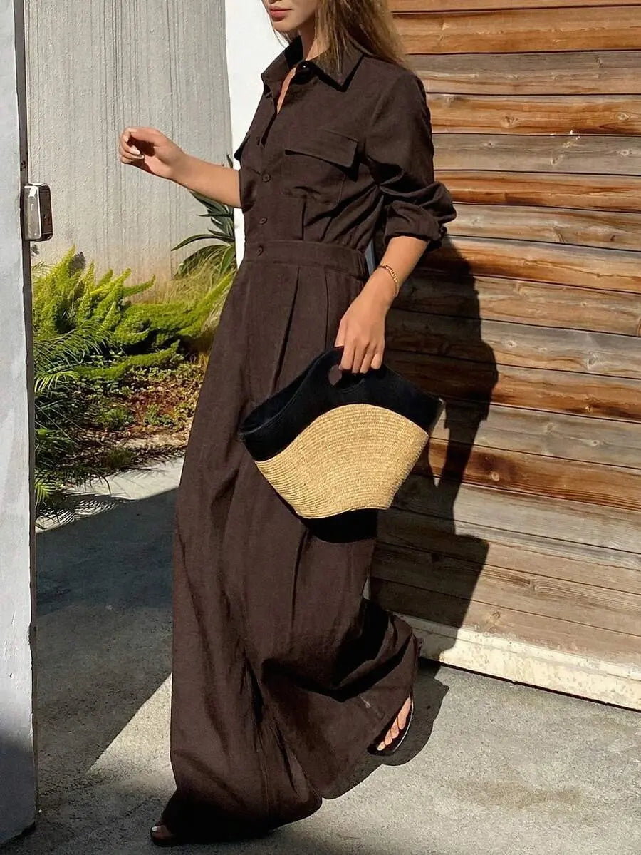 Combinaison femme marron à jambes larges et taille ceinturée SecretBombe