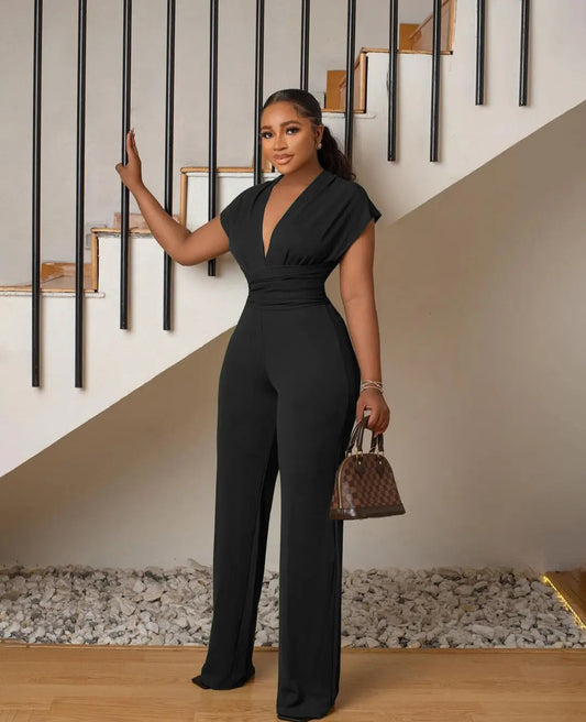 Combinaison élégante noire femme, encolure V et pantalon droit