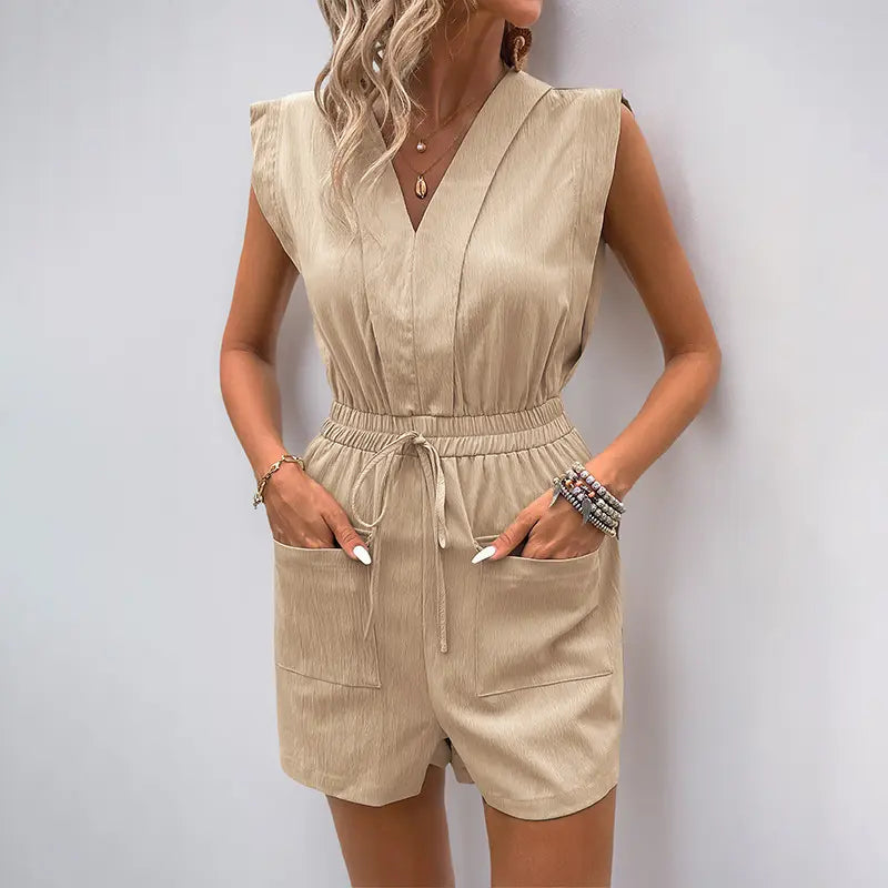 Combishort femme manches courtes col V, style décontracté chic