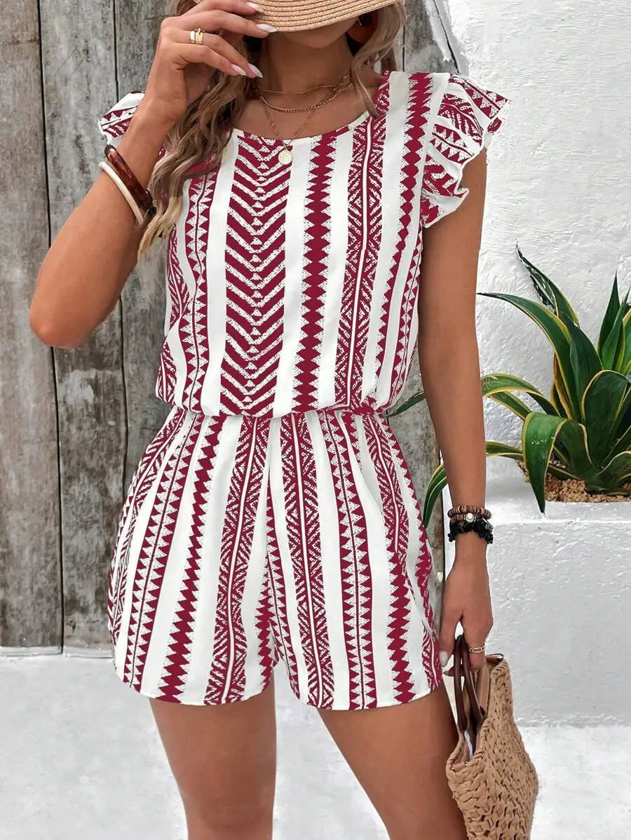 Combishort femme rayé rouge, style décontracté chic pour vacances