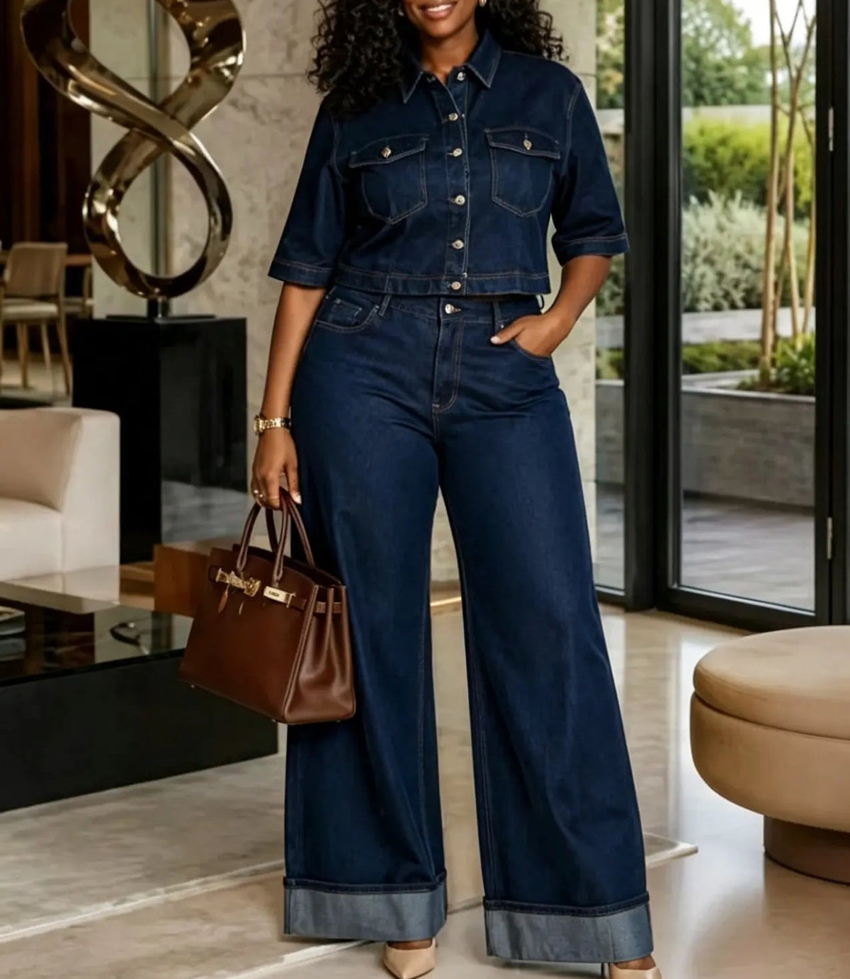 Ensemble femme en jean bleu foncé avec chemise à manches courtes et pantalon large SecretBombe