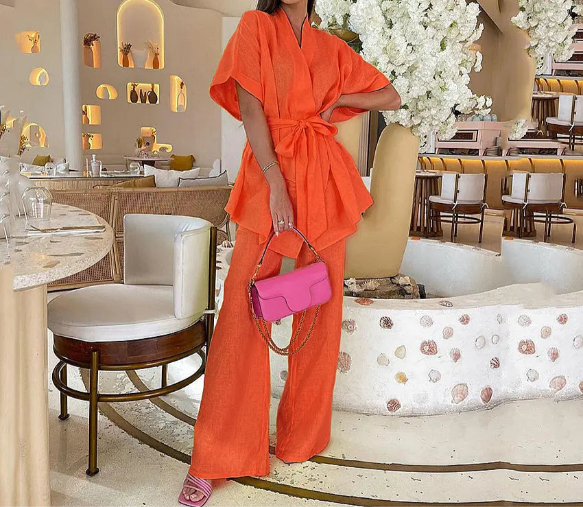 Ensemble kimono fluide pour femme avec haut ceinturé et pantalon ample, manches kimono, léger et confortable, couleur abricot