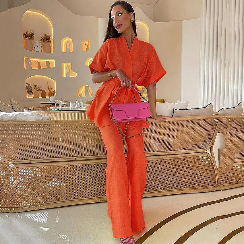 Ensemble kimono fluide pour femme avec haut ceinturé et pantalon ample, manches kimono, léger et confortable, couleur abricot