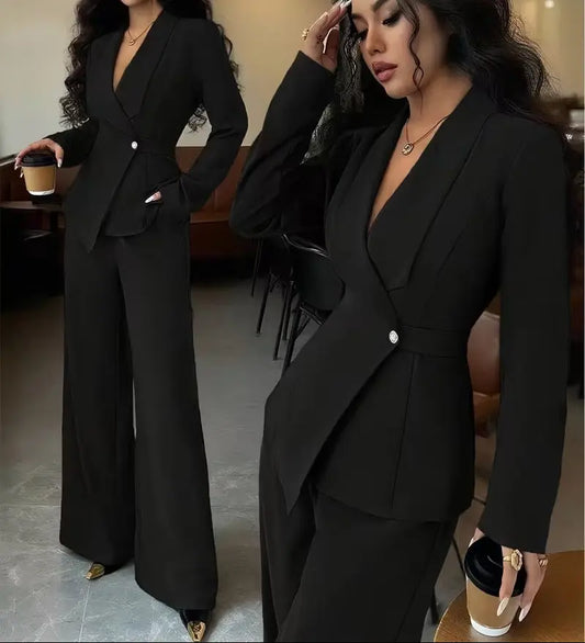 Ensemble tailleur femme noir avec veste asymétrique et pantalon large SecretBombe