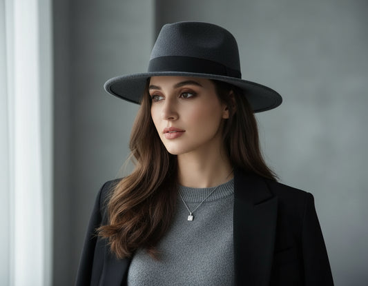 Fedora gris femme à calotte légèrement basse avec nœud satin contrastant