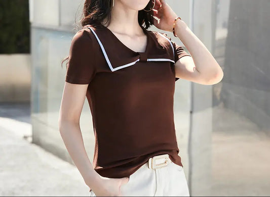 Top chic pour femme en tissu coton marron, coupe ajustée