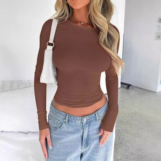 Haut femme marron ajusté, manches longues, look décontracté et chic