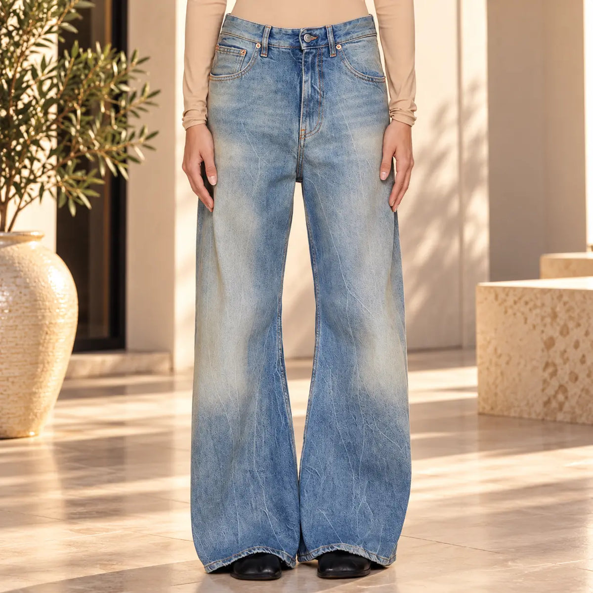 Jean large femme bleu clair délavé à jambes larges SecretBombe