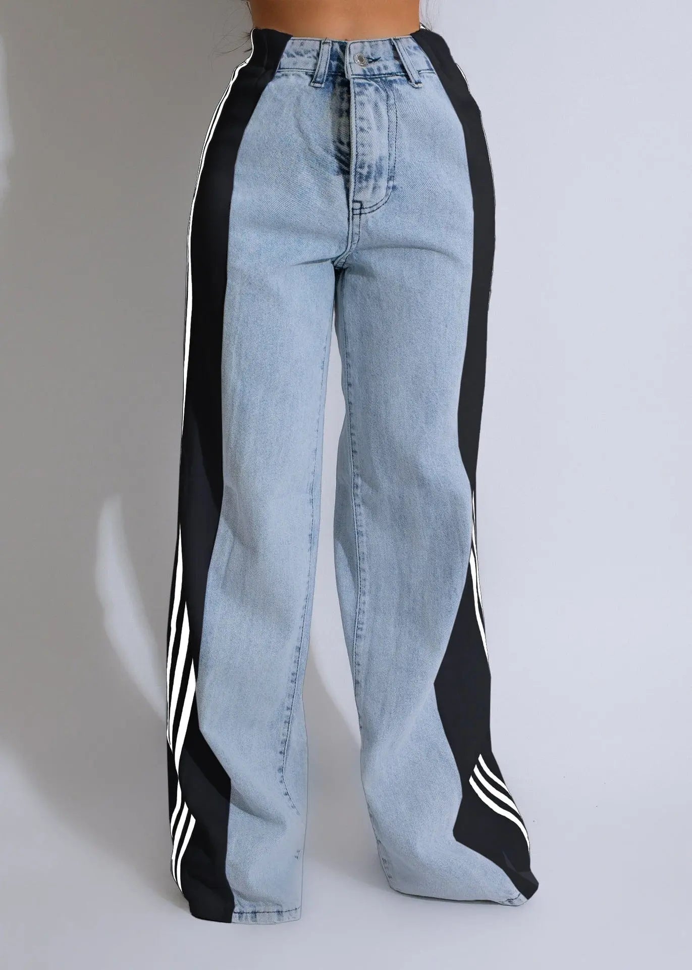 Jean femme tendance 2025 avec bandes fantaisie latérales, coupe large taille haute