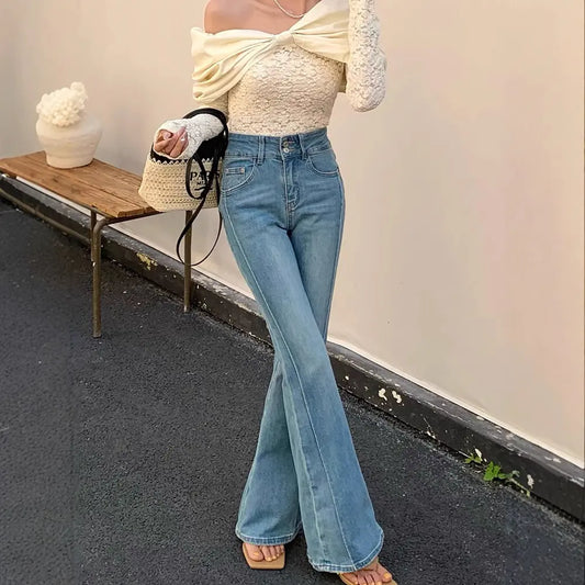 Jean femme coupe large taille haute, style rétro patte d’éléphant avec couture tendance