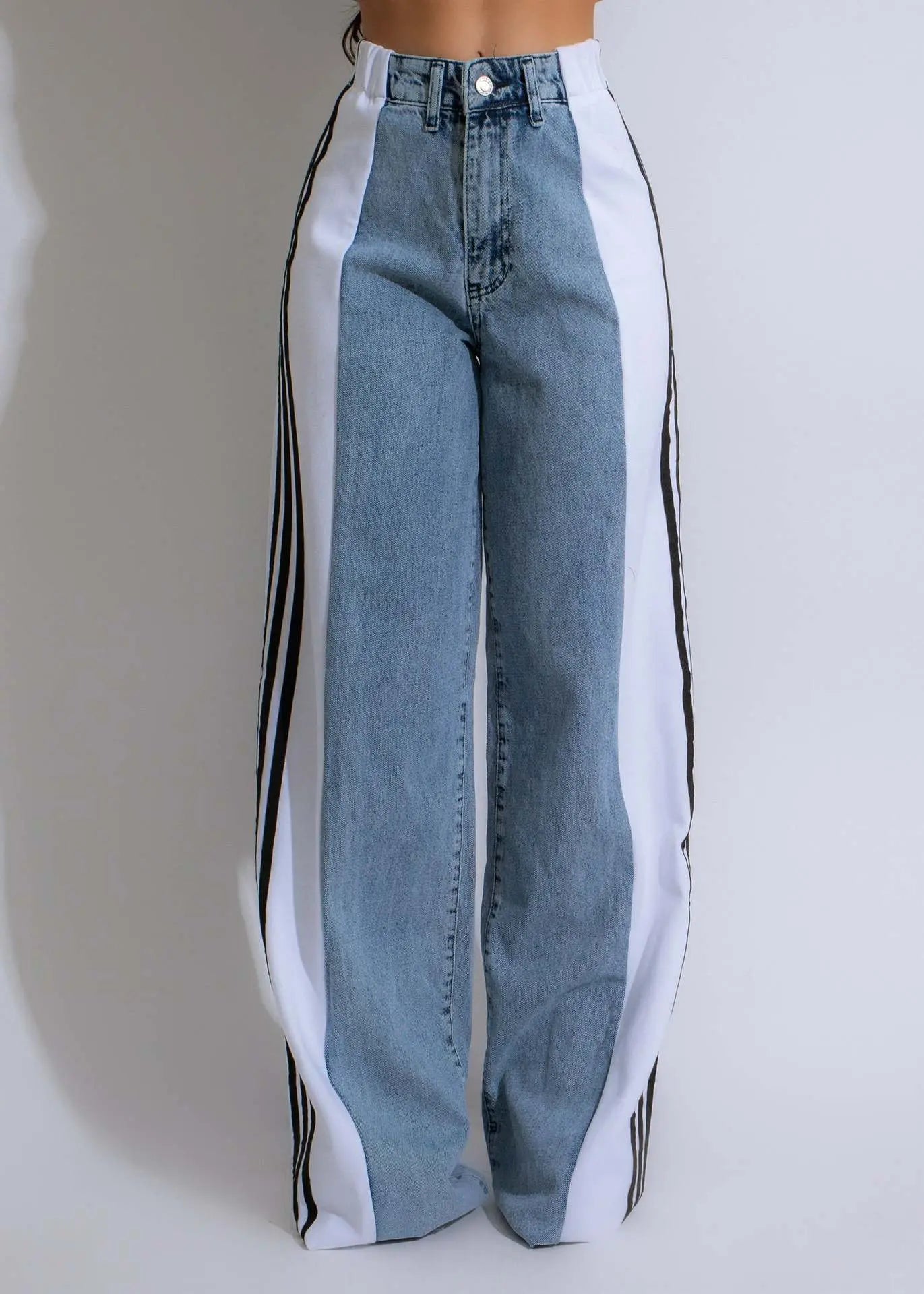 Jean femme mode 2025 taille haute extensible, bandes sur les côtés en polyester