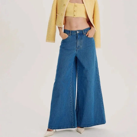 Jean femme taille haute wide leg bleu denim élégant – SecretBombe