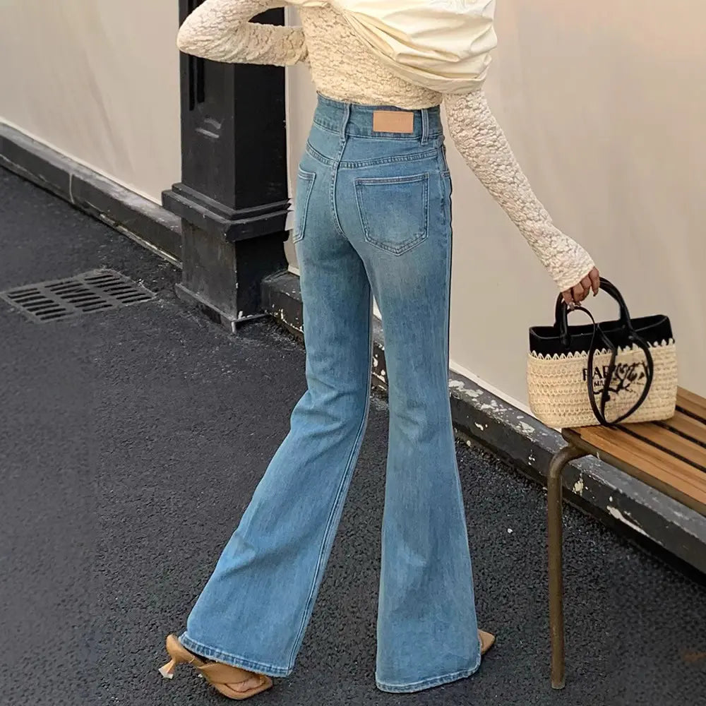 Jean large femme patte d’éléphant rétro, coupe taille haute en denim coton bleu