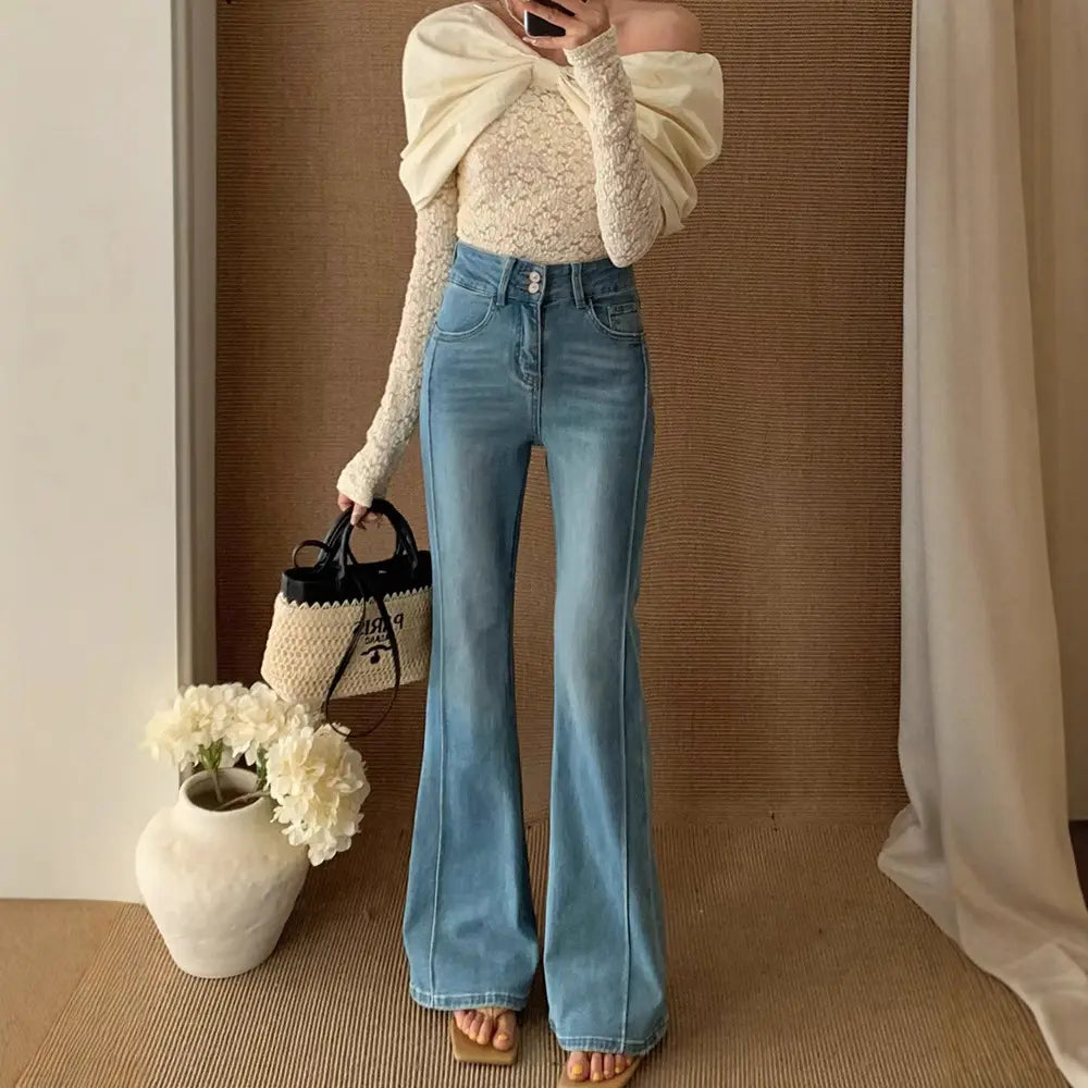 Jean large femme patte d’éléphant rétro, coupe taille haute en denim coton bleu