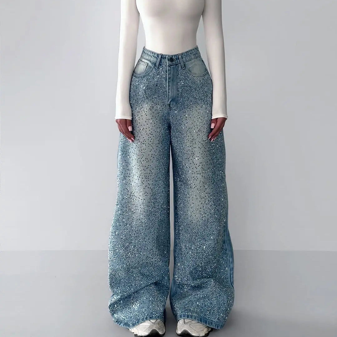 Pantalon jean large avec strass scintillants pour femme SecretBombe
