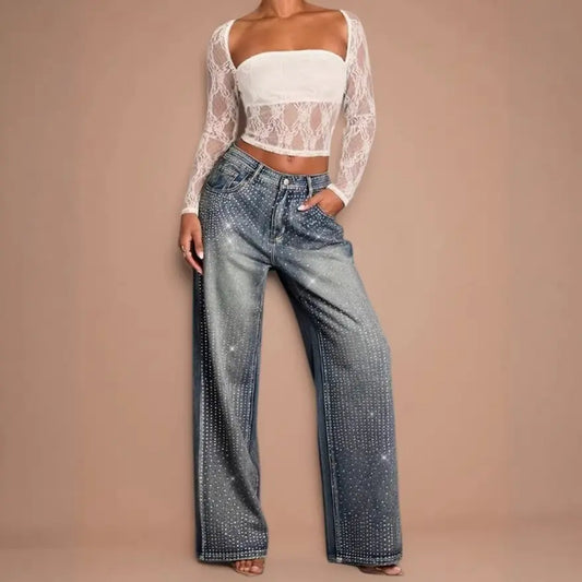 Pantalon en jean large à strass pour femme, style tendance et élégant – SecretBombe.
