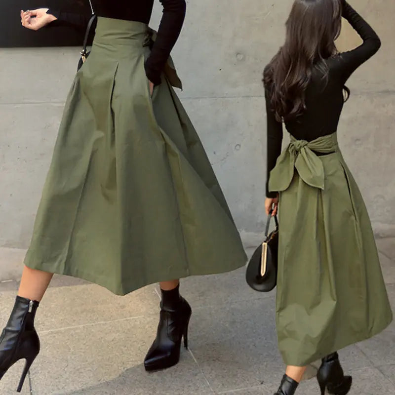 Jupe mi-longue kaki trapèze pour femme, style casual et raffiné