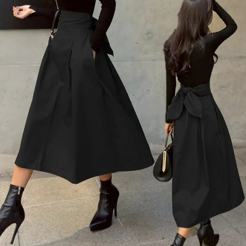 Jupe mi-mollet noire élégante et confortable pour automne et hiver