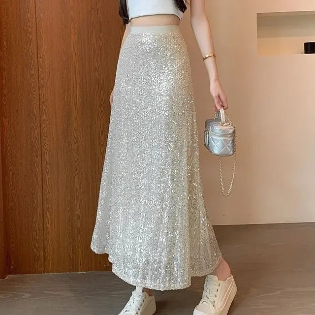 Jupe pailletée beige femme SecretBombe, modèle long à coupe évasée élégante