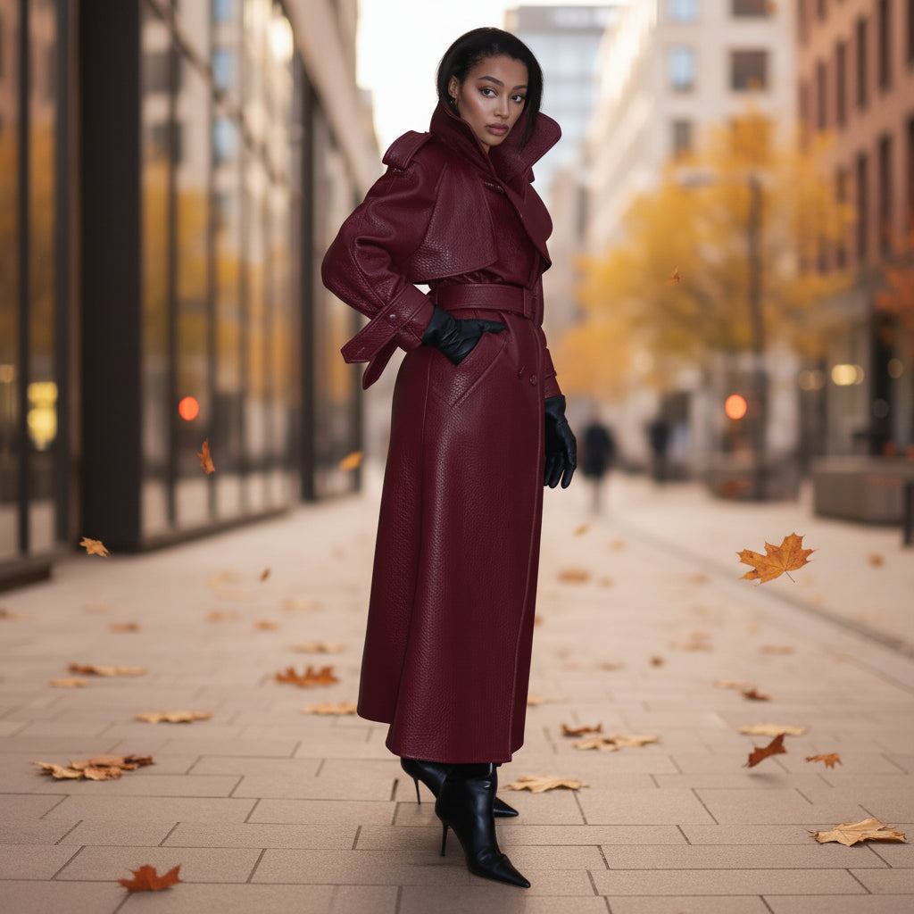 Manteau bordeaux long femme ceinturé, coupe droite élégante et allure sophistiquée.
