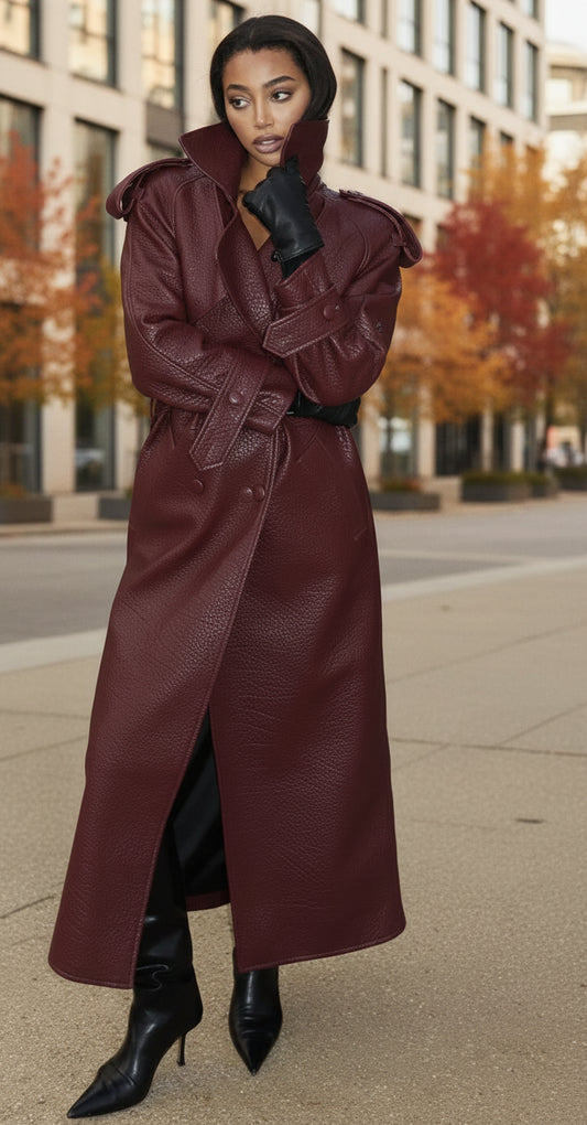 Manteau bordeaux long femme ceinturé, coupe droite élégante et allure sophistiquée.