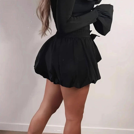Mini-jupe noire femme SecretBombe avec nœud décoratif à la taille et effet bouffant