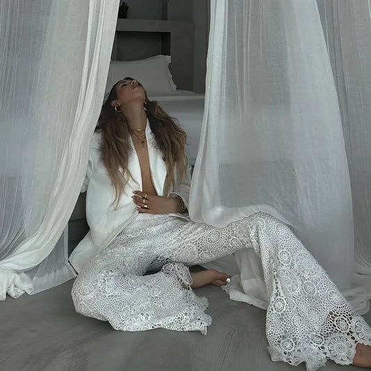 Pantalon femme dentelle blanc taille haute chic SecretBombe
