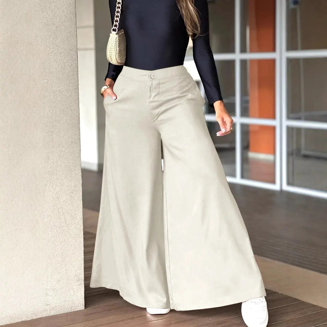 Pantalon large femme taille haute blanc cassé coupe fluide chic