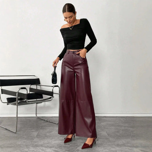 Pantalon palazzo femme bordeaux en cuir végan SecretBombe
