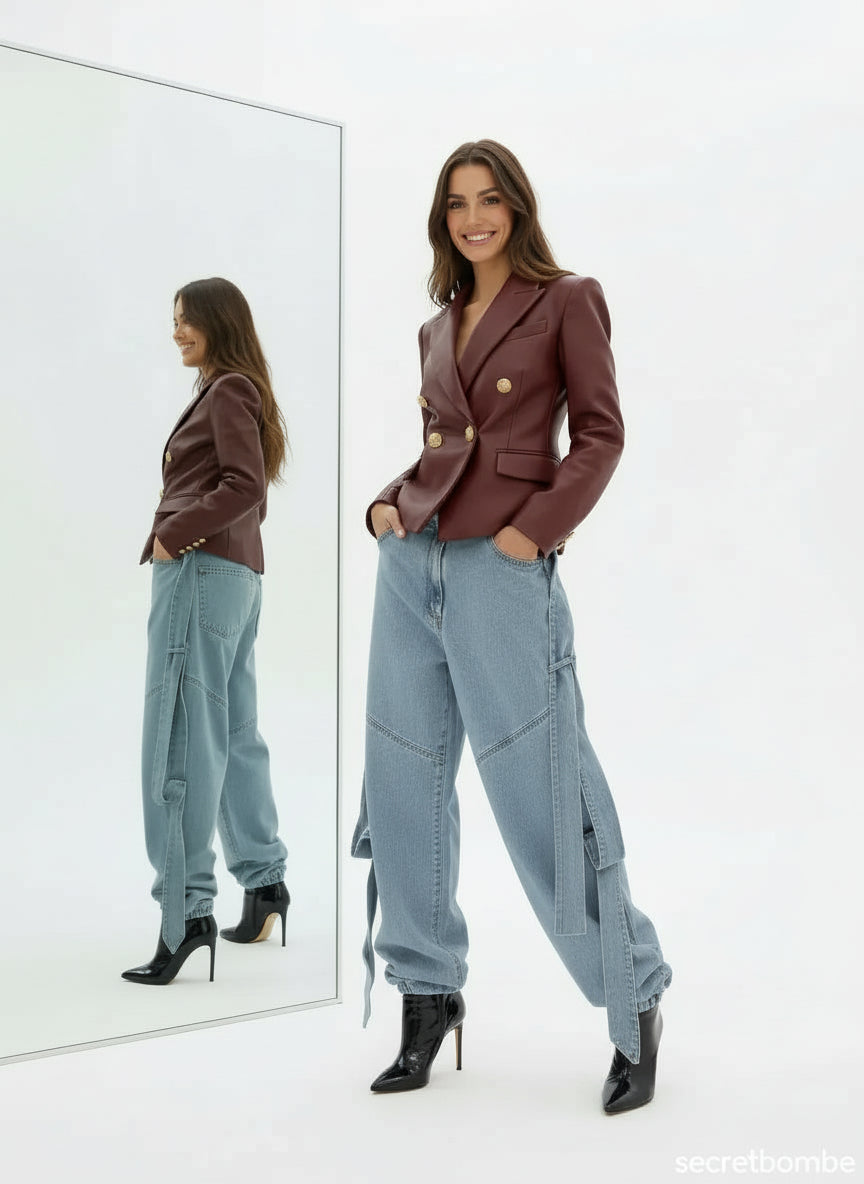 Jean oversize femme avec bottines à talons aiguilles vernis métallisé et fond magazine fashion – secretbombe